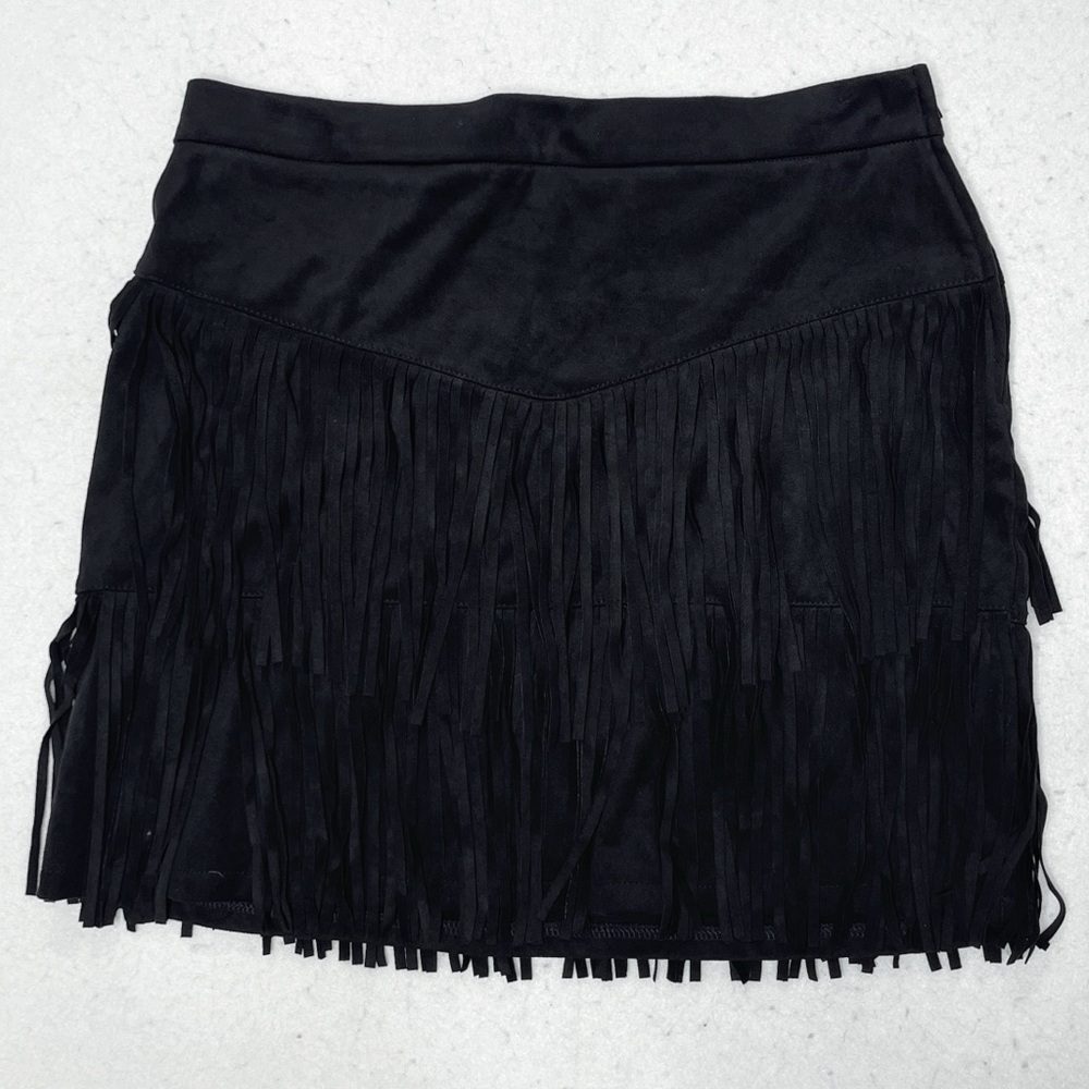 Alya Black Fringe Faux Suede Mini Skirt Size Large Western Style Cowgirl - Picture 2 of 8